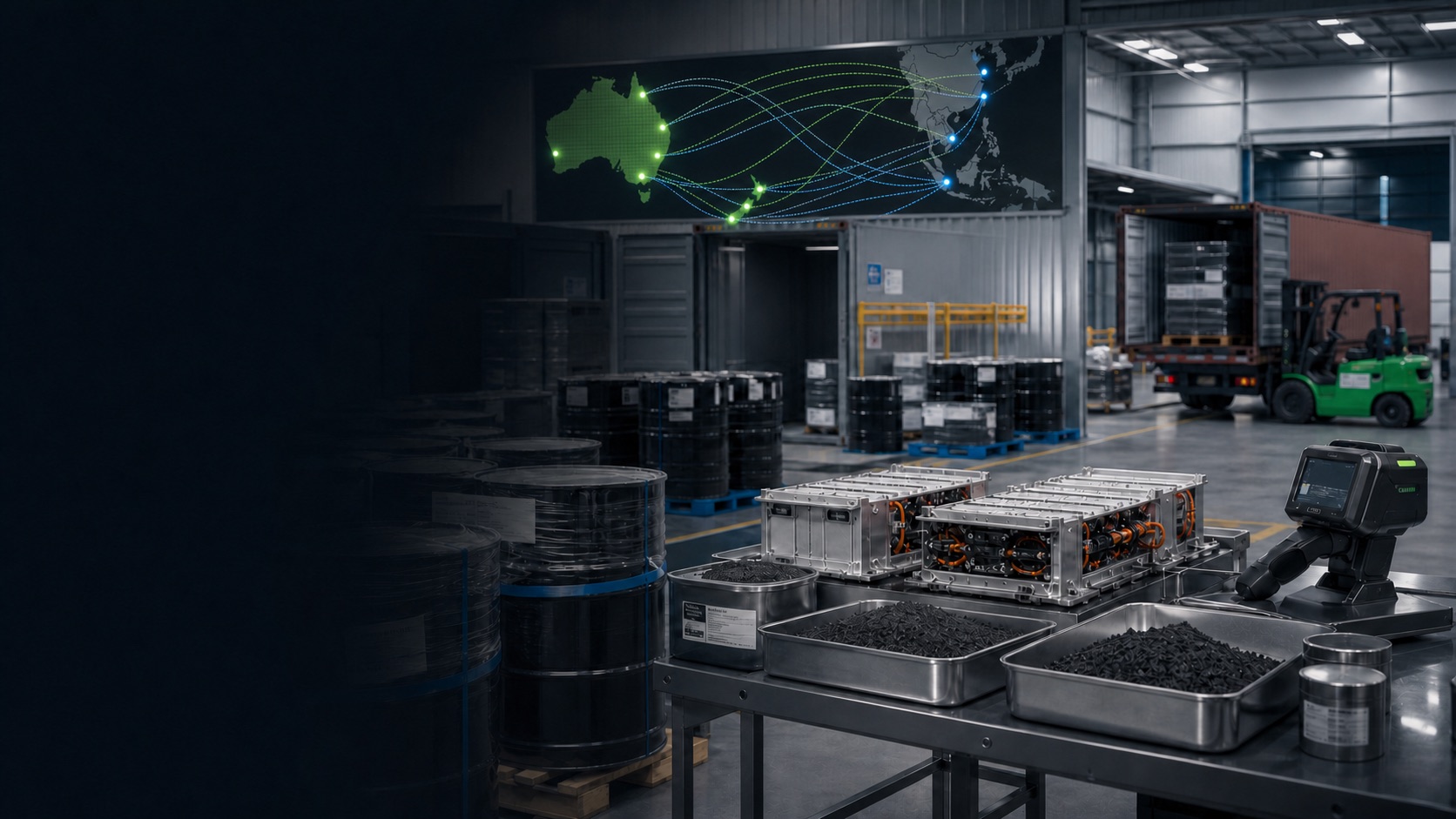 Battery materials warehouse with route map from Australia and New Zealand to downstream ports across Asia
